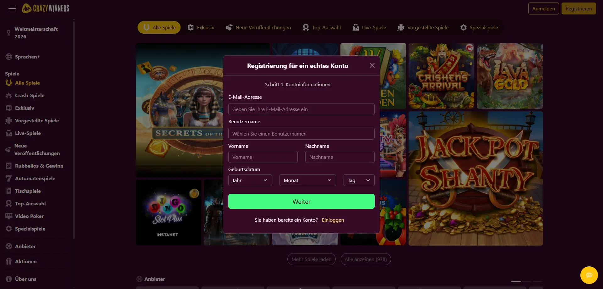 Registrierung bei CrazyWinners &mdash; Crazy Winners